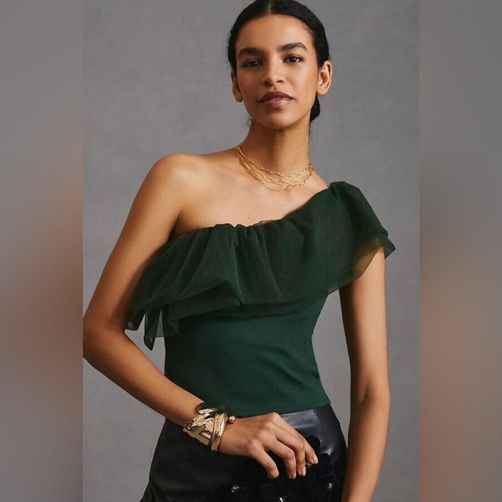 Anthropologie Sunday in Brooklyn Ruffle Tulle One-Shoulder Top in Green